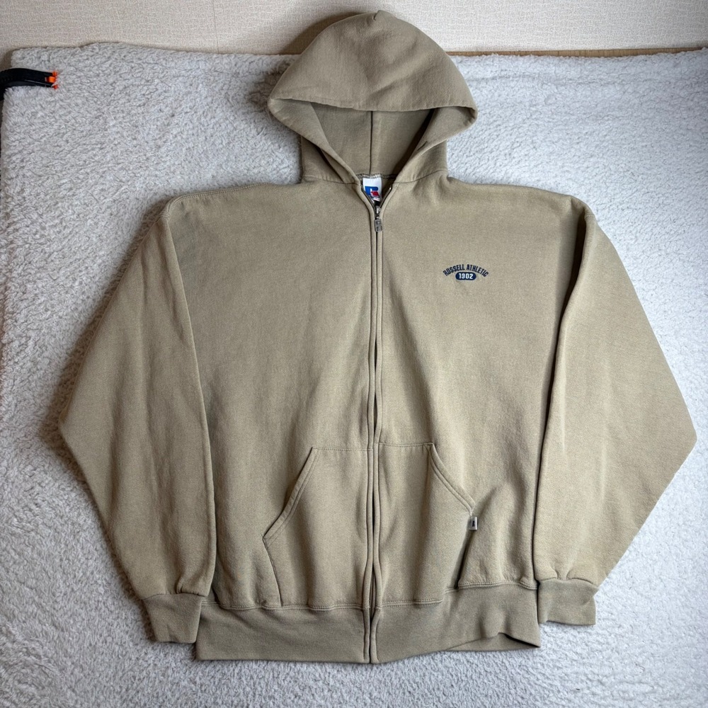 Vintage Russell Athletic Zip Up Hoodie Tan XXL Embroidered Logo Sweatshirt